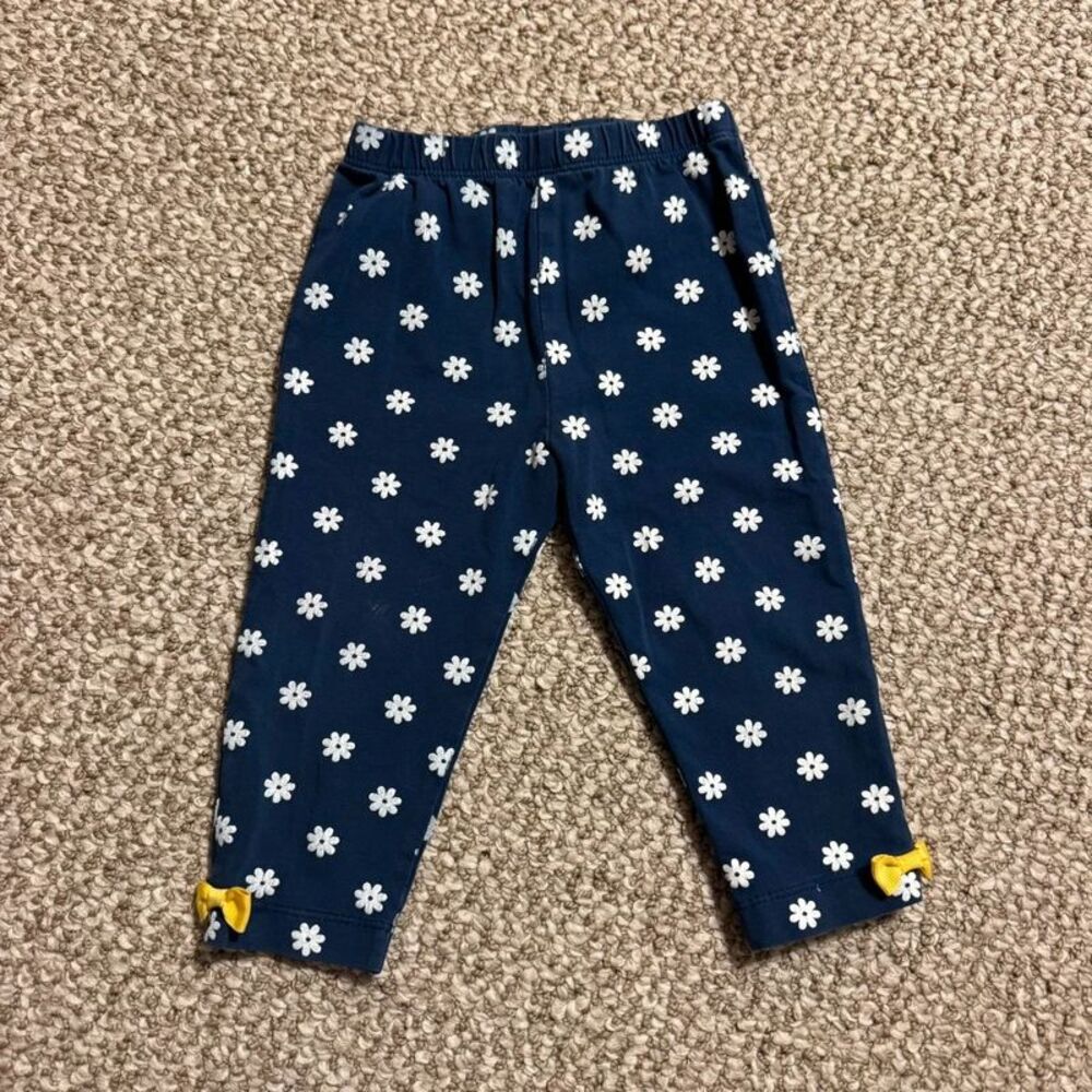 Baby Girl Pants Navy Daisy Print Yellow Bow Cuffs 12 Months